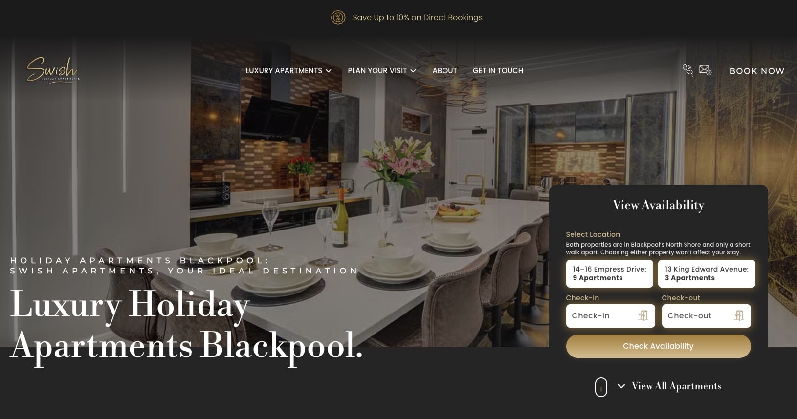 Swish Holiday Apartments website screenshot